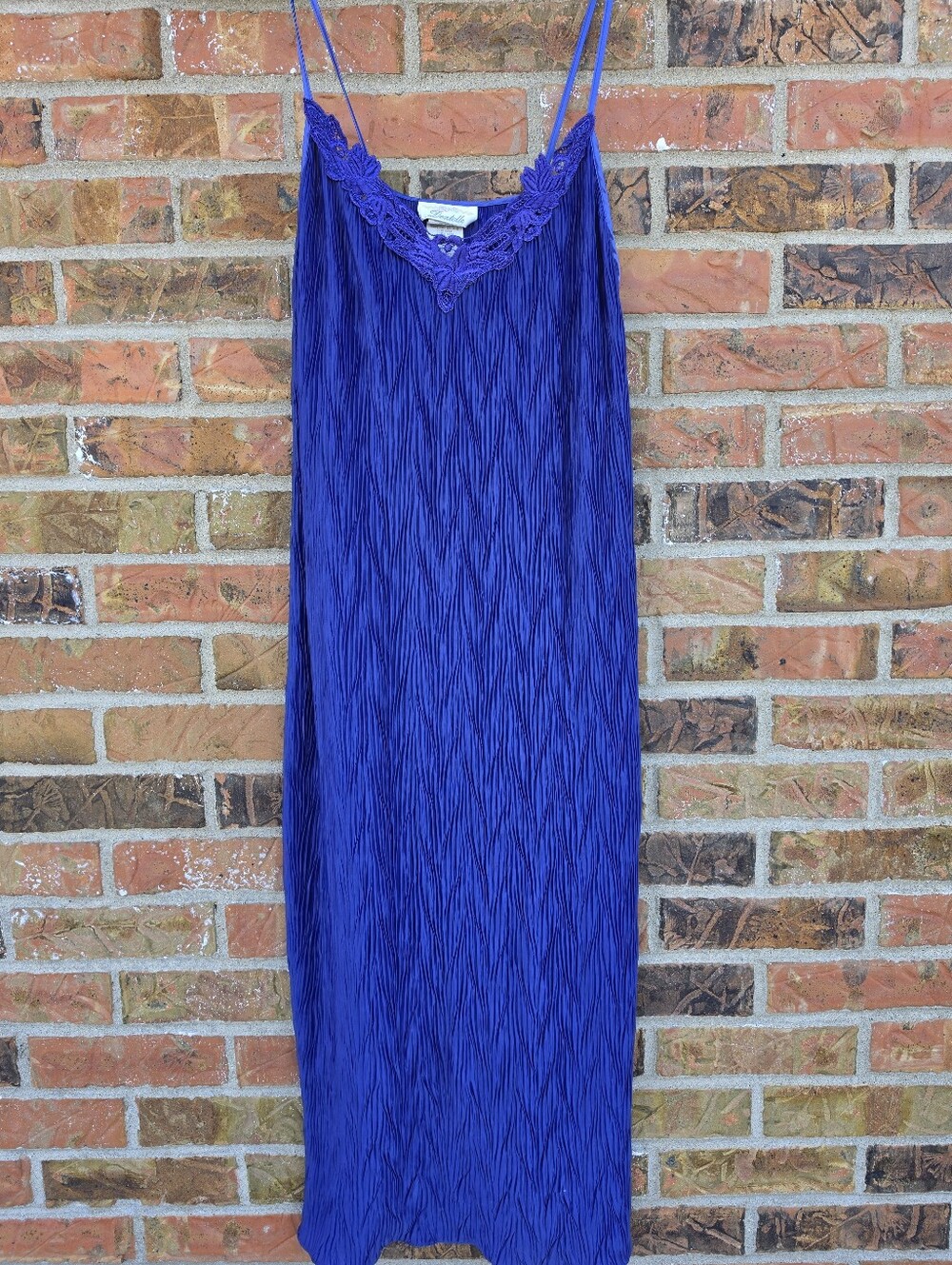 Vintage Dentelle 80s 90s Blue Crinkle Pleated Lace Maxi Nightgown Negligee USA